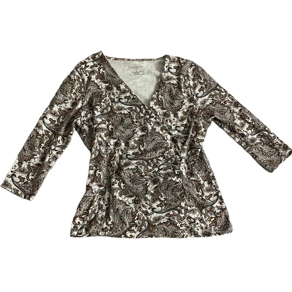 Talbots White Brown Paisley V Neck Wrap Top‎ Long Sleeves Plus X - Picture 1 of 6